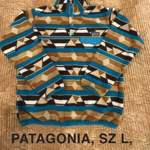 Patagonia Blue and Brown Striped Zip Up Sweater